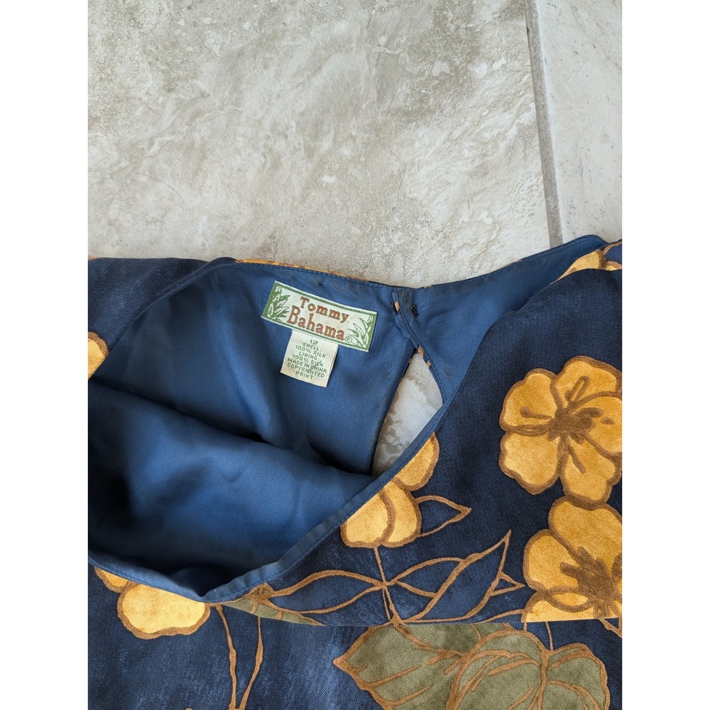 Tommy Bahama Silk Floral Shift Dress Size 12 | Navy & Mustard Tropical Resort - Picture 11 of 14